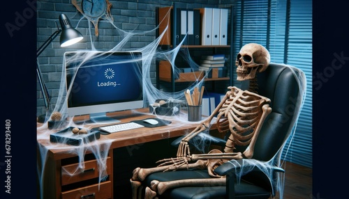 Photo of a skeleton at a desk, computer with 'Loading...', cobwebs, equipment. 