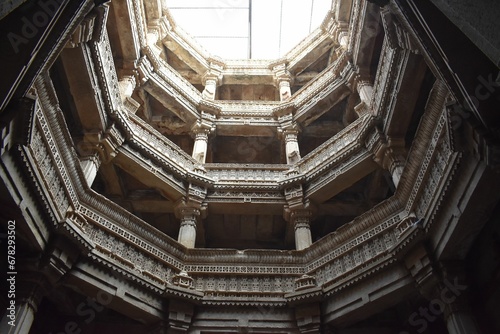 Low angle view of the interior of the famous Adalaj stepwell landmark in Gujarat, India