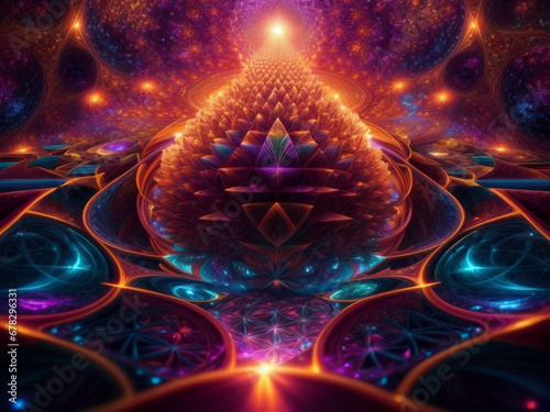 Abstract psychedelic art, awakening of consciousness, pineal gland, enlightenment. Dmt, acid, sacred geometry background.