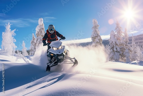 a guy rides a Snowmobile against the background of a winter forest, leaving a trail of splashes of white snow. a bright snowmobile and a suit without brands. Extreme sports. Banner