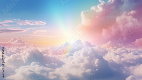 Delicate pastel-colored rainbow clouds gracefully adorn expanse of serene blue sky, casting breathtaking and ethereal display of natural beauty. Tranquil and mesmerizing scene. Beautiful background.