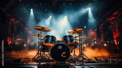 Professional drum set on stage with bright lights and smoke.