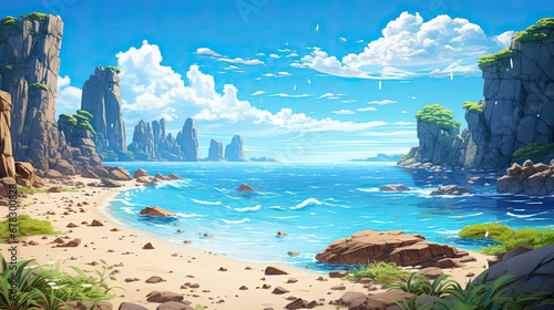 Piękna plaża ze skałami i spokojnym niebieskim niebem z puszystymi chmurami w stylu anime. 