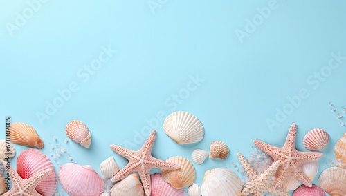 colorful shells and starfish on a blue background Generative AI