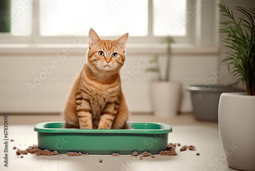 Adorable ginger cat in litter box indoors.Toilet for the cat. Cleanliness and order in the house. Pet Care