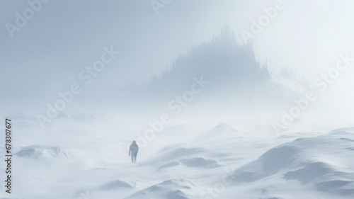 A person walks in a blizzard. Snowy landscape, severe weather and harsh conditions.