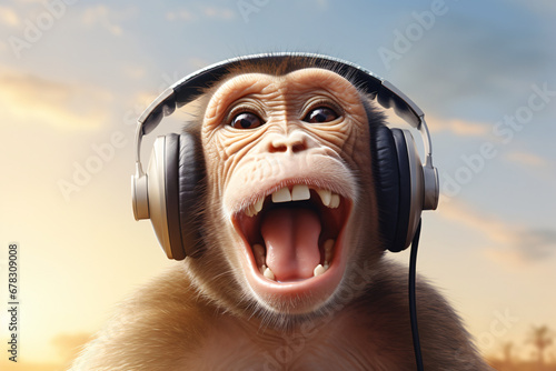funny monkey listening to headphones