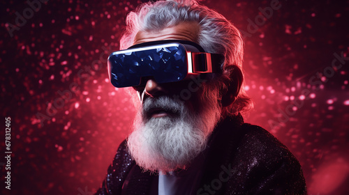 An elderly man is immersed in the virtual world through special glasses. The expression on his face reflects surprise and delight at the new experience. An illustration about the interaction of genera