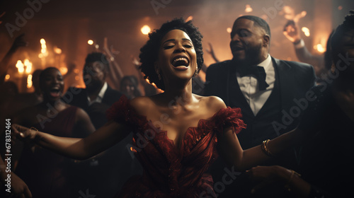 Beautiful black woman smiling and dancing in a party