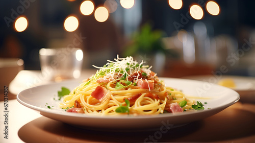 Traditional pasta Carbonara. Italian cuisine, Spaghetti Carbonara with Bacon Toppings. Carbonara with pancetta, parmesan and creamy sauce of egg yolks on a restaurant table. European food