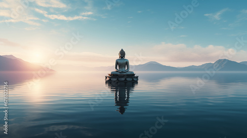 Oceanic Bliss: Captivating Buddha Sculpture Reflecting Tranquility, AI Generated