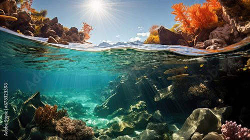 A beautiful underwater landscape with fish and coral, visible under a clear water surface with sunlight and trees.