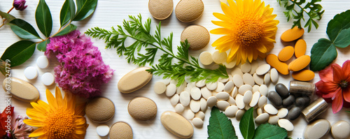 Herbal Supplements and Blooms: A Top View of Health Essentials on Wood