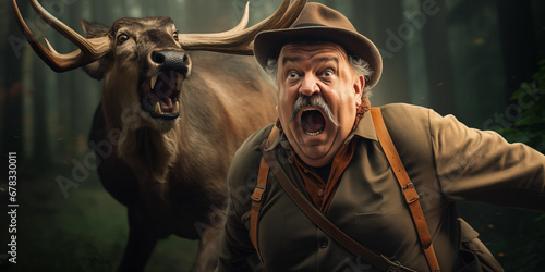 Deer hunting down old male hunter with mustache and hat screaming in panic. humor funny vegertarian vegan and abstract hunting concept.