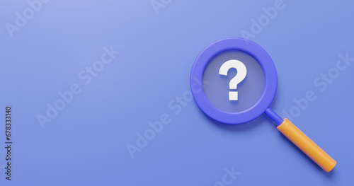 Magnifier search question mark on purple background. vision planning growth financial future problem ask faq answer solution information, support consultant talk concept. 3d render illustration