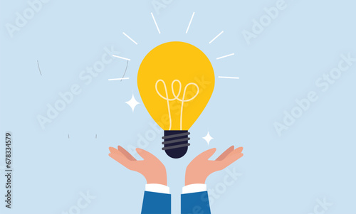 Innovation or creativity concept, businessman hand hold brightly lit money dollar lightbulb idea, enlighten money idea, investment and savings with high profit, business idea to make money or profit.