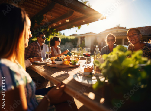 Italian friends eating appetizers, drinking red and white wine in outdoor restaurant table. Happy family having barbeque dinner party in home garden. Concept of winery, dining, lifestyle and beverage.