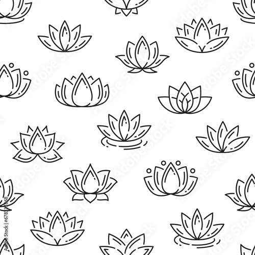 Outline lotus flowers seamless pattern background, vector floral blossom petals. Spa, yoga meditation and zen Asian ornament pattern of lotus flowers in black line on white background