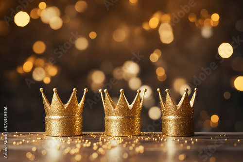 Happy Epiphany day. Three royal crowns on golden bokeh background