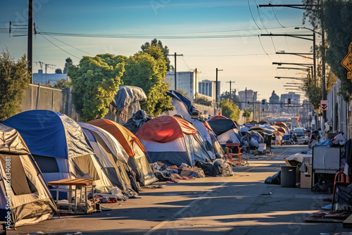 Homeless tent camp and garbage along the road in a modern city