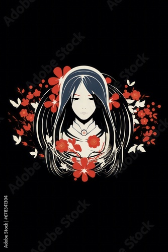 shogun disegno volto femminile pallido capelli lunghi neri anime farfalle fiori sfondo nero flat design