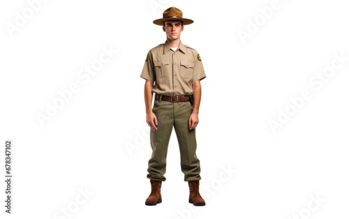 Forest Ranger Man in Uniform Standing in Attention on a Clear Surface or PNG Transparent Background.