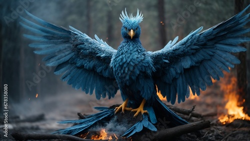Realistic Blue Phoenix Bird Rising From The Ashes. Ice and Mystic Bird. Ai Generative