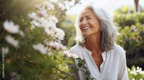 Beautiful gorgeous 50s mid age beautiful elderly senior model white woman in the garden with grey hair laughing and smiling. Mature old lady close up portrait, generative ai