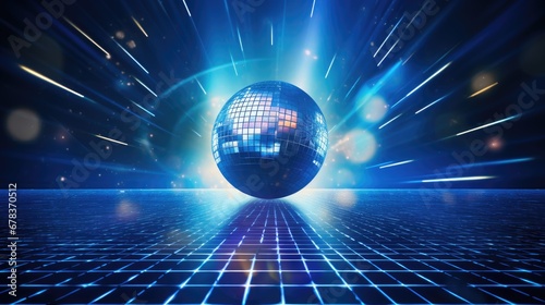 Nightlife allure: Disco ball casting blue rays, creating a dynamic dance floor, a photo capturing the vibrant energy of a pulsating night party."