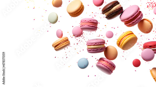 Various colorful of macarons floating on the air isolated on clean png background, Desserts sweet cake concept, with .