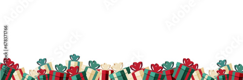 Cadeaux - Présents - Illustrations vectorielles festives pour célébrer les fêtes de fin d'année - Cadeaux emballés et bolduc - Décorations de Noël - Vert, rouge et beige - Bannière de cadeaux