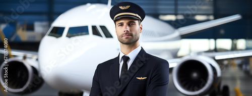 portrait of young pilot in front of airplane, AI generated