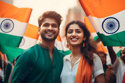Young Indian couple celebrating India's Republic Day by posing with their Indian flag