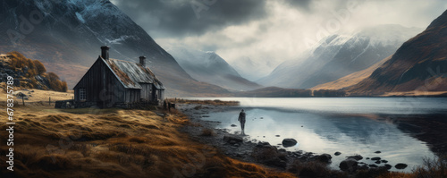 winter Scotland or norway hills in foggy day, Misty mountines and rain weather, dramatic sky in Scottish highlands,