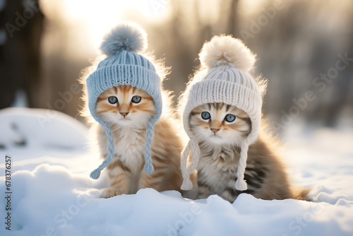 Gatitos en la nieve con gorro de lana