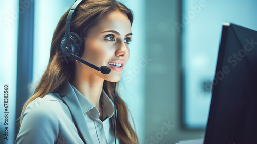 Young woman customer support operator with headset sitting at the desk in front of a monitor talking messaging with client. Online global technical support technology business concept