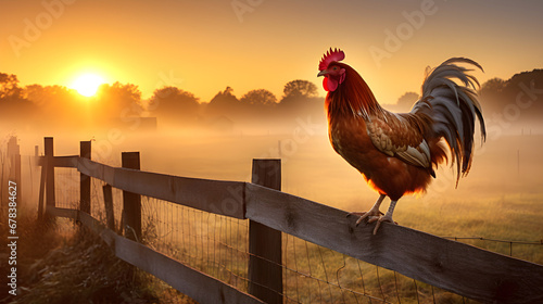 Rooster on Fence, Sunrise, Misty Meadow