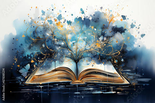 Open book with magical blue gold effects in watercolor style