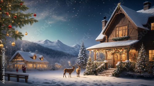 Christmas deer in the woods , decorated Christmas cabin in a snowy mountain