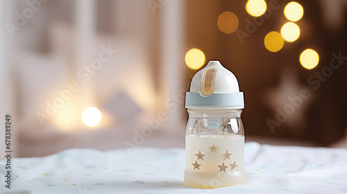 baby bottle, pacifier, milk, baby formula, food, children's room on the background, childhood, newborn, feeding, kid, child, home, comfort, health, birth