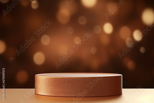 Empty round cylinder platform podium for product or cosmetics presentation on brown color background with bokeh.