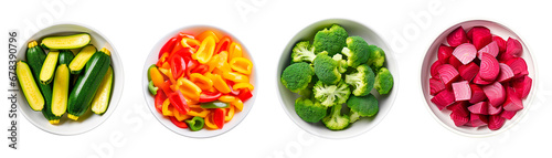 Top view of zucchini, chopped bell peppers, broccoli, and chopped beetroots. Isolated transparent background