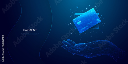 Abstract hand-holding bank card hologram on technology dark background. Digital money and finance concept. Debit and credit plastic payment cards. Low poly wireframe light blue vector illustration. 