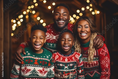 Smiling african american family in ugly Christmas sweater.
