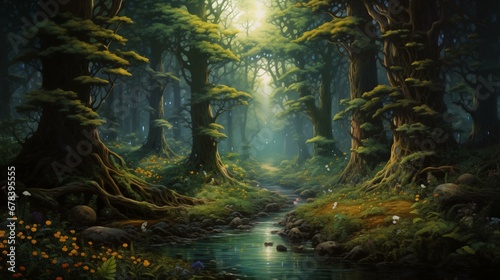 Fantasy forest landscape. Detailed green scene. Chilly landscape with vibrant trees. Mountains. Realistic style. Simple cartoon design. Dark fantasy style.