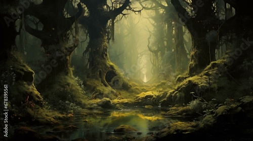 Fantasy forest landscape. Detailed green scene. Chilly landscape with vibrant trees. Mountains. Realistic style. Simple cartoon design. Dark fantasy style.