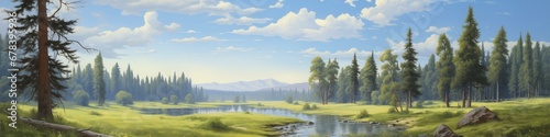 Summer landscape. Detailed forest scene. A serene, chilly landscape with vibrant trees, perfect for holiday and nature-themed illustrations. Mountains. Realistic style. Simple cartoon design
