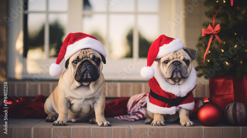The front porch decorated for Christmas features two charming puppies wearing adorable Santa hats Festive Christmas scene with pets. Generative AI