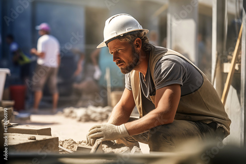 Men bricklayer in work clothes on a construction site. Mason at work. Building trade. 