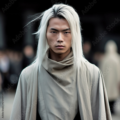 joven asiatico con ropa antigua y pelo largo de aspecto pobre